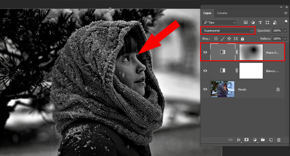 Dramatic Black & White en Photoshop. Superponer